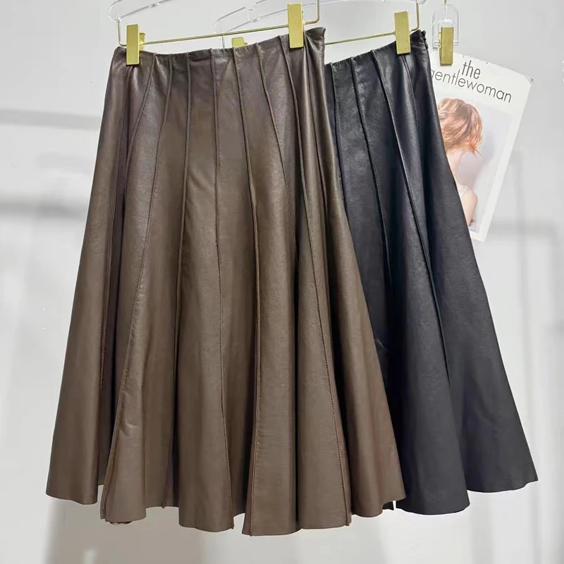 Charming Pleated Skirt Women Harajuku Heavy Industry 100% Leather Patchwork Long Faldas Female Slim Gothic Cothes Jupe Longue