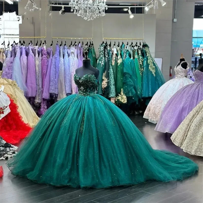 Verde esmeralda brilhante Quinceanera Vestidos, Cristais Beading Apliques, Formal Party Prom, 15 anos