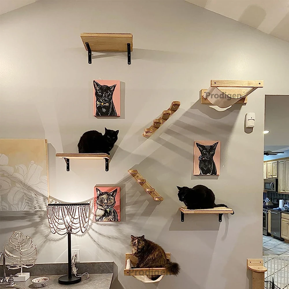 Wooden Cat Wall Mounted Climbing Shelf Set Hammock Perches Ladder Solid Wood Steps Cats Tree Tower Platform Jumping Shelves