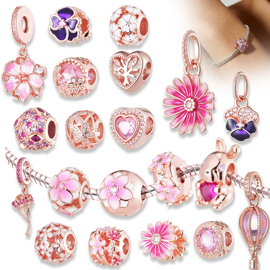 

New Fashion Pink Floral & Bunny Charms Beads Bracelet for Women, Rose Gold Cherry Blossom DIY Fit Original Beaded Jewelry Gift