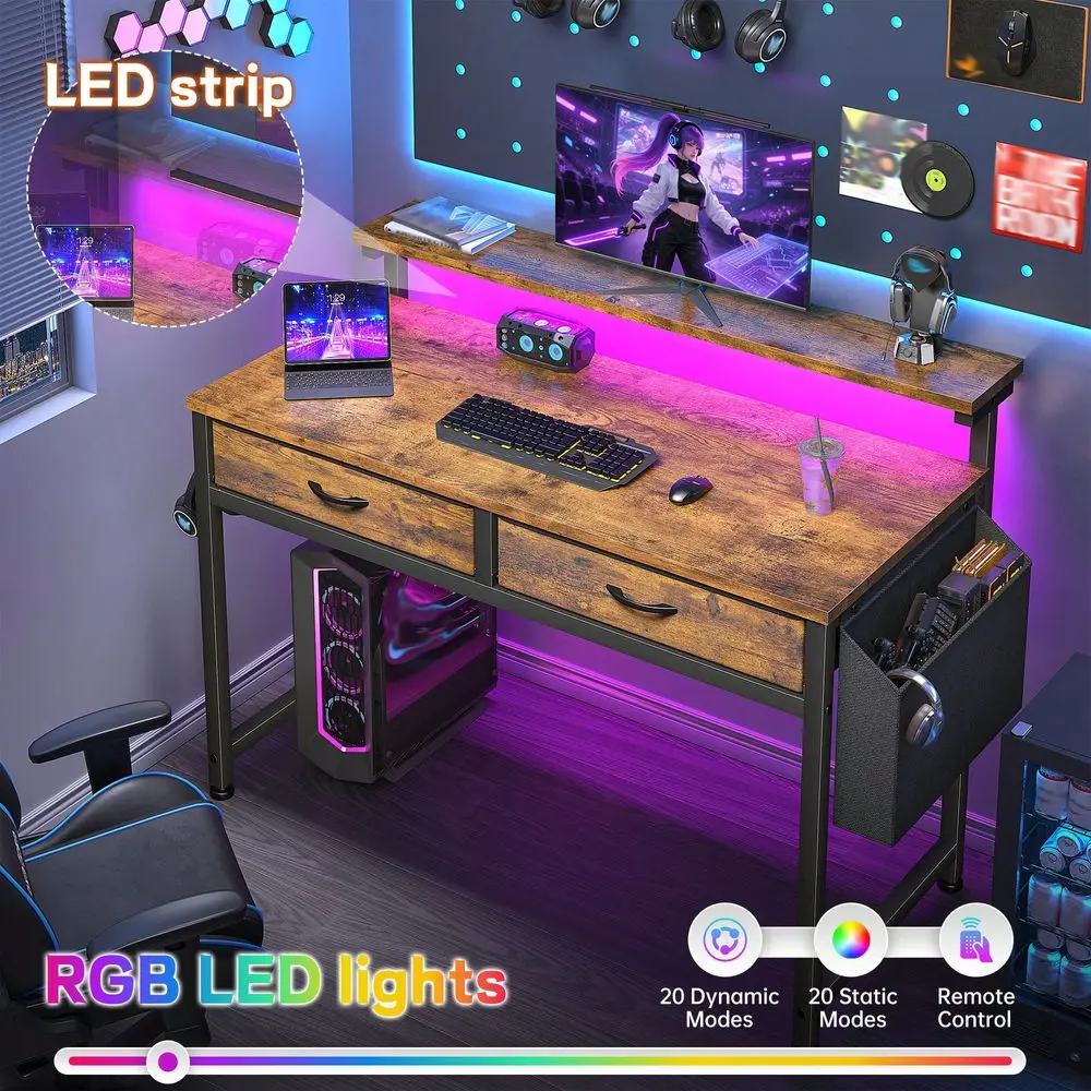 31.5 W Office Desk With LED Strip Lights Ergonomic Monitor Stand,Computer Desk With 2 Fabric Drawers And Side Pocket For Bedroo