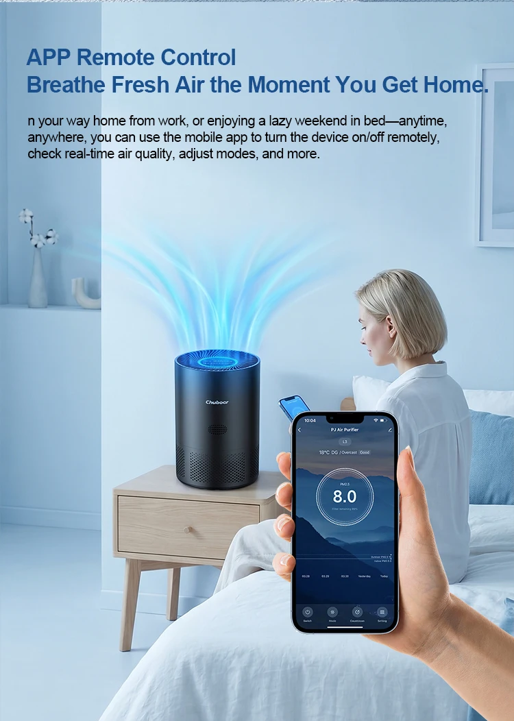 Luftreiniger mit H13-HEPA-Filter, der Gerüche, Rauch und Tierhaare entfernt. Geeignet für Schlafzimmer im privaten Bereich, CADR 185 m³/h, für Räume mit einer Fläche von 40 Quadratmetern. – Detail 15