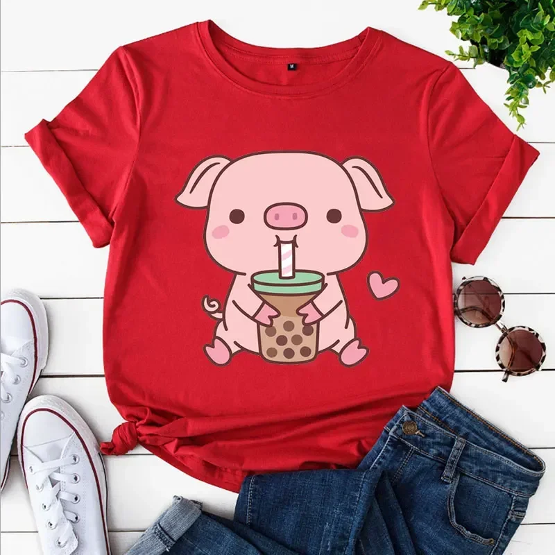 Cute Harajuku Y2K Tops Clothing Pig Boba Tea Print Women Casual T-shirts Kawaii Pink Pig Tshirts Oversize Fashion Trend Tee Tops