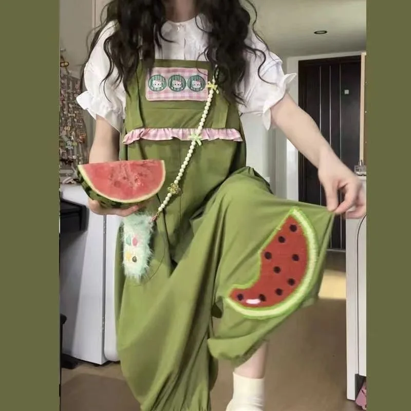 

Japan Style Popular Corduroy Watermelon PrintingJumpsuits Women Casual Ladies Cartoon Spring Clothing College Lovely 2024 New