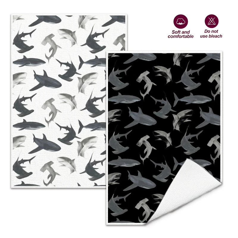 2Pcs, Black and White Shark Kitchen Towels, 40Cm*60Cm Towel Set, Best Kitchen Towels, Super Absorbent Soft Cleaning Cloth, Cooking and Baking Tea Towels, Hand Towels, Cleaning Cloths, Dishcloths, Kitchen Decor, Living Room Decorations, Kitchen Essentials, Home Essentials