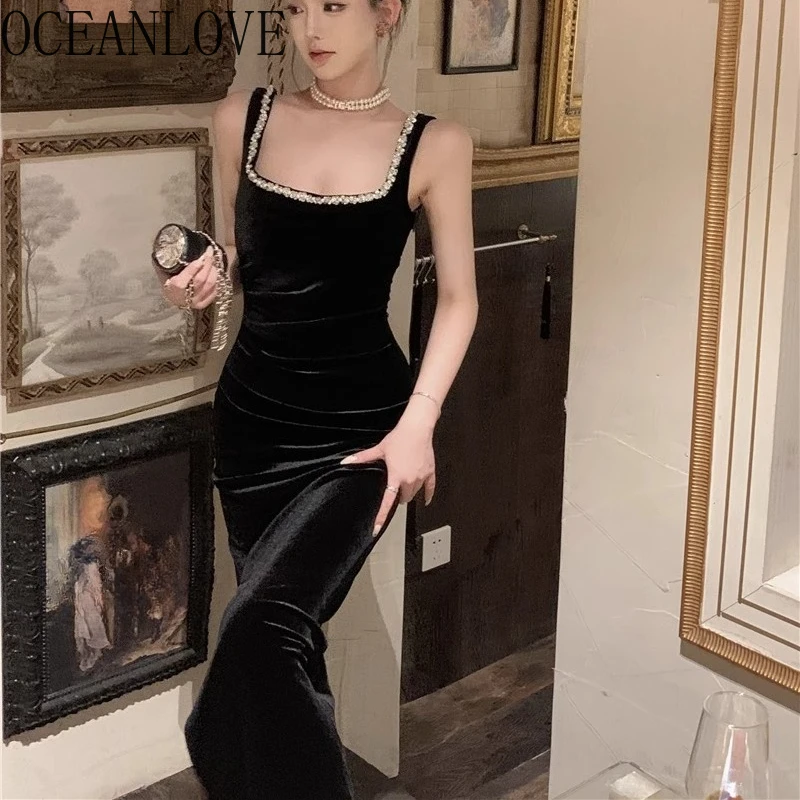 

OCEANLOVE Black Velvet Long Dresses Beading Evening Party Long Dress Autumn Winter Korean Fashion Vintage Vestidos Mujer