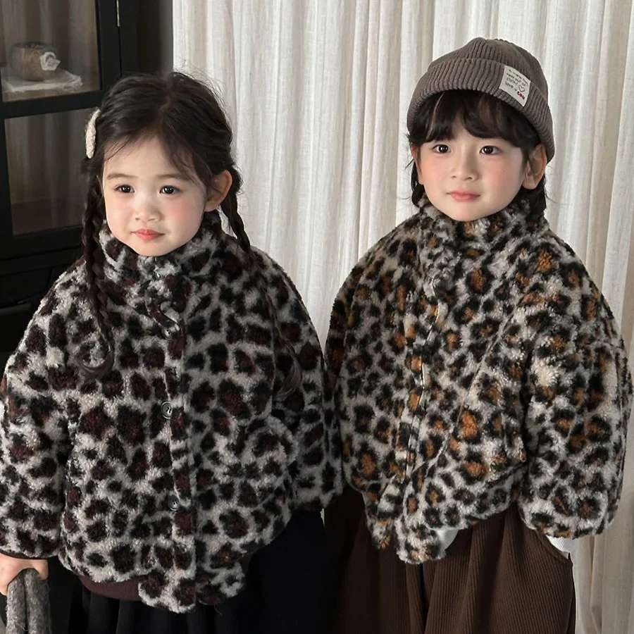 Winter Kids Animal Print Jacket Faux Fur Lambswool Coat Thickened Outerwear Plush Lining Unisex Boys Girls Fashion Warm Jacket