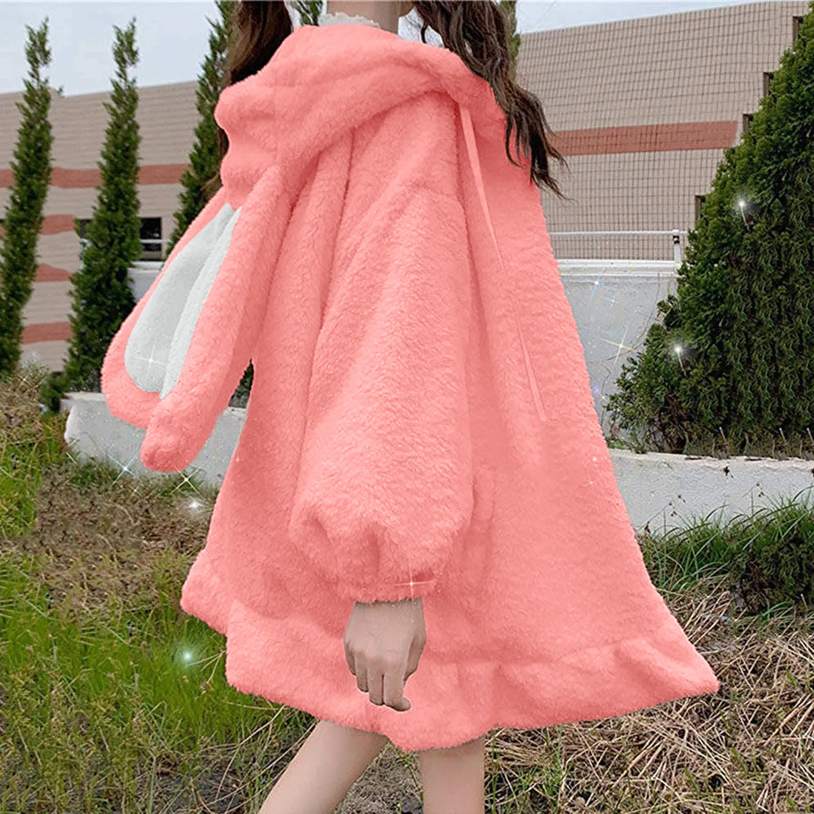 Women\'s Fluffy Bunny Hoodie Casual Fashion Solid Color Kawaii Coat Loose Long Sleeves Hoodie Crop Coat Cute Warm Hoodies Winter