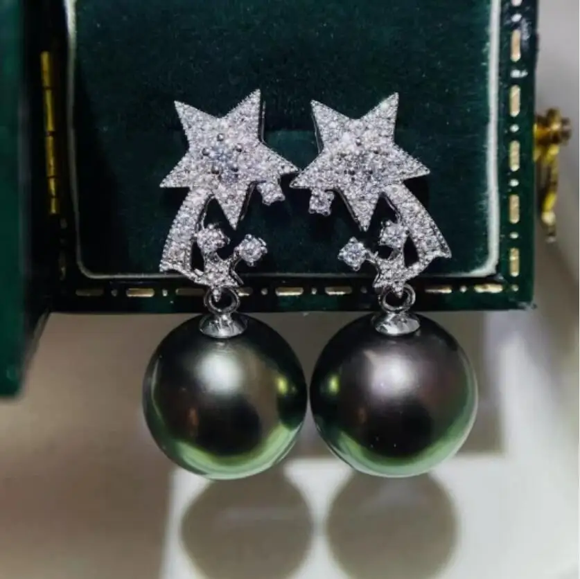 

Stunning Natural AAAA+ 10-11mm south sea black pearl earrings 925s