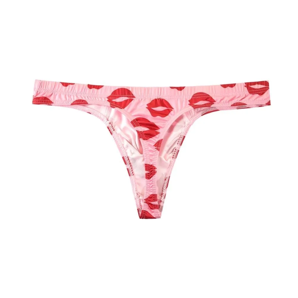 Breathable Ice Silk Men Lip Pattern Thongs Low Waisted Lingerie Male Briefs Red Lip with Mouth Print Underpants Sports