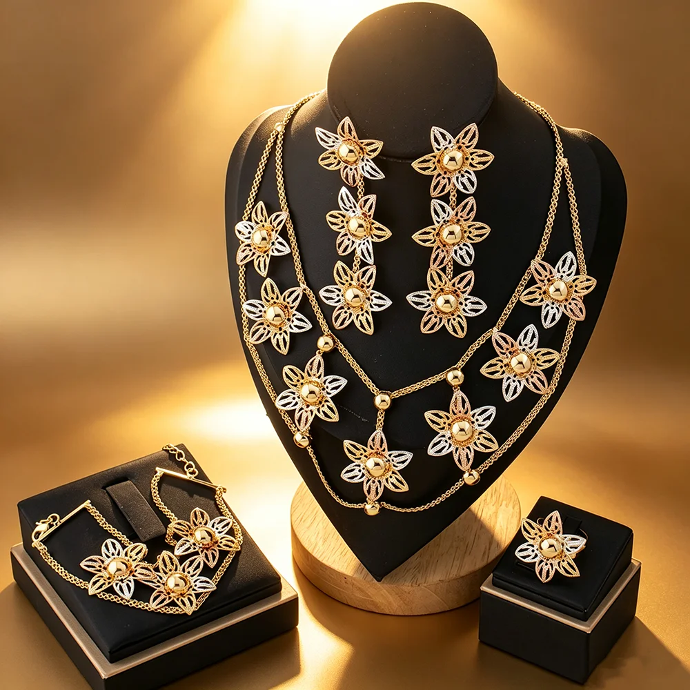 Luxuriöses zweifarbiges, hohles, floral vergoldetes 4-teiliges Schmuckset aus Dubai, afrikanische Halskette, Ohrringe, Armreif, Ring, Brautgeschenk für die Hochzeit. – Detail 1