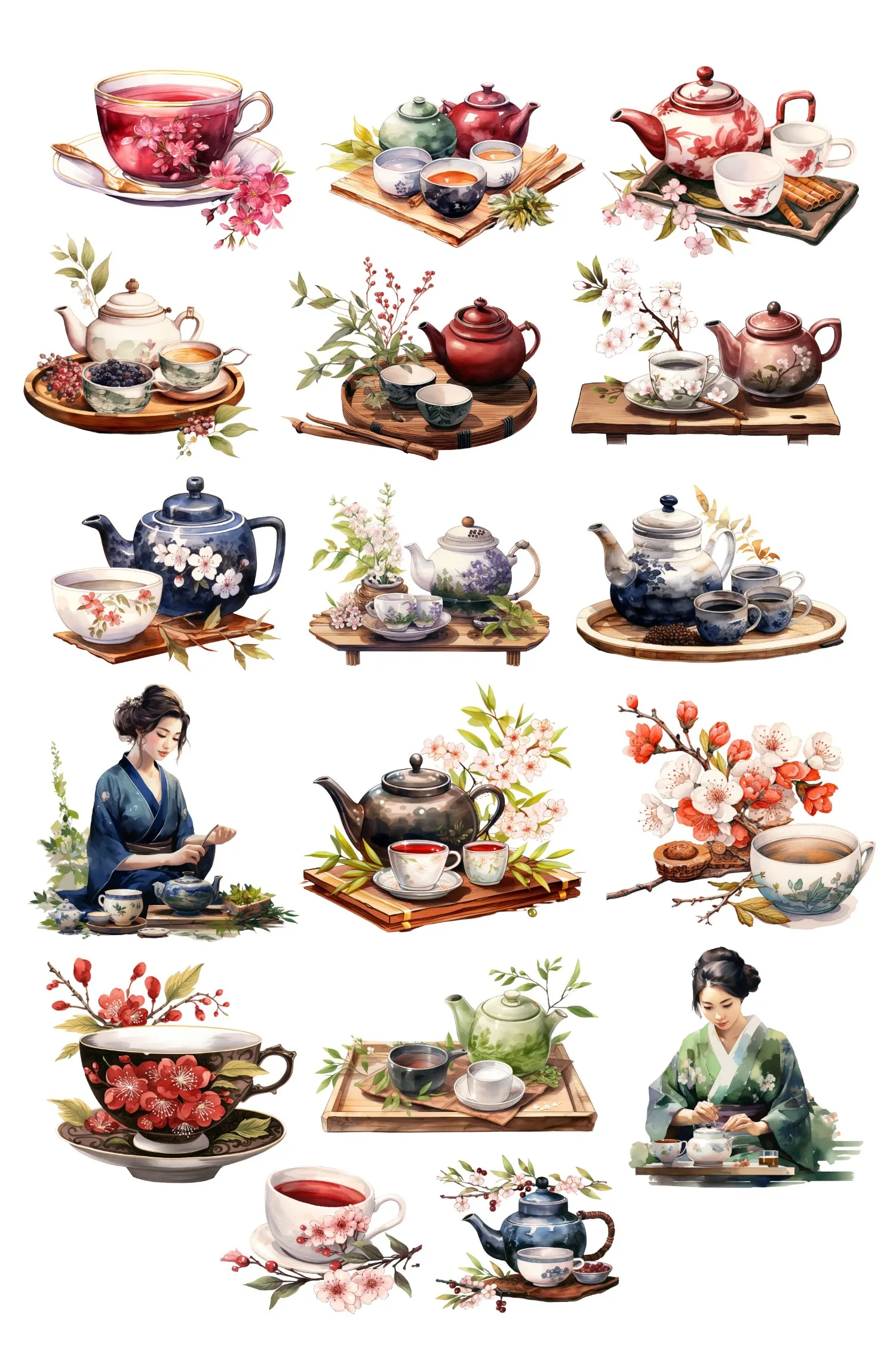Cute Watercolor Tea Ceremony, Tea Art Stickers Self-made Fashion Girl Scrapbooking /Decorative /DIY Craft Photo Album journal