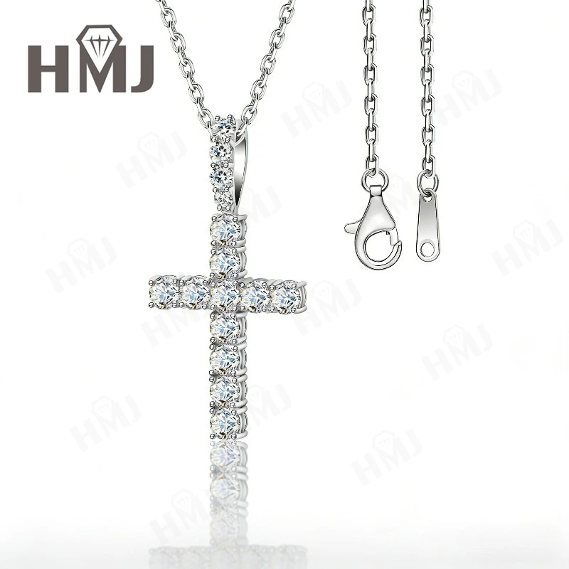 D White Moissanite Cross Necklace Round Cut White Gold Religious Pendant Fine Jewelry Faith Gift Daily Accessories Unisex