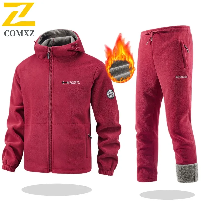 Setelan Latihan Ski Pria Jaket Fleece dan Celana Dua Potong untuk Perlindungan Dingin di Luar Ruangan yang Nyaman Pakaian Olahraga Musim Dingin Ringan untuk Berkemah