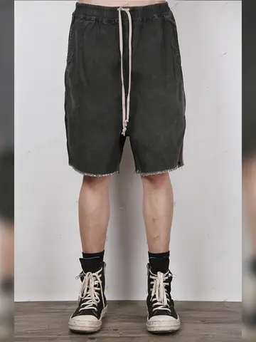 RODRK Men's Casual Fashion Distressed Denim Shorts High Street Hip Hop Five-ten Casual Pants mid Waist Elastic Straight Leg