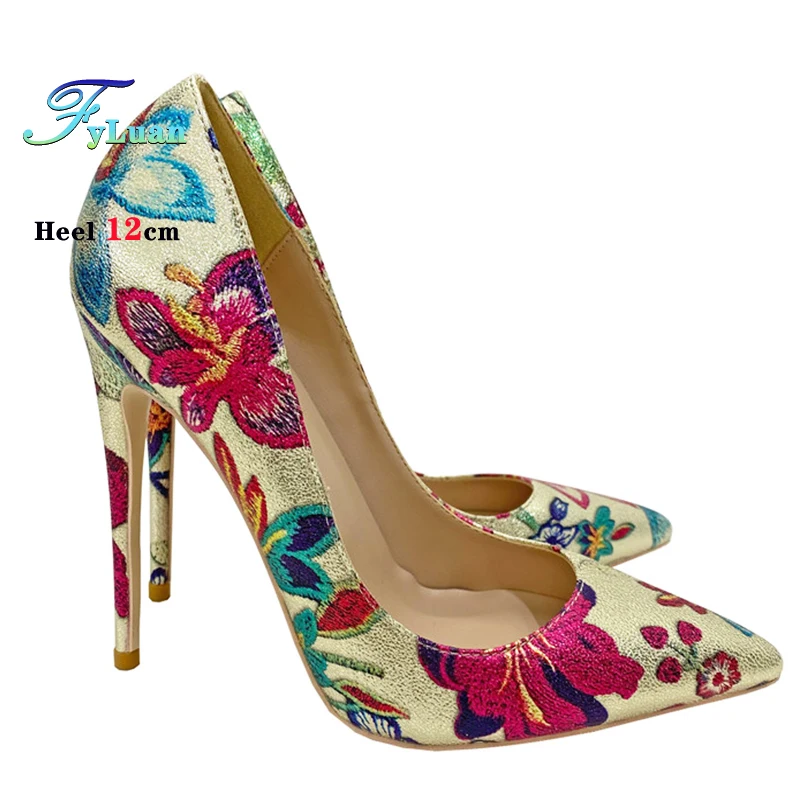 Women Pointed Toe Party Dress Shoes Fashion Print Pumps 8CM 10CM 12CM Stiletto Stage Show Shallow Mouth High Heels Plus Size 46