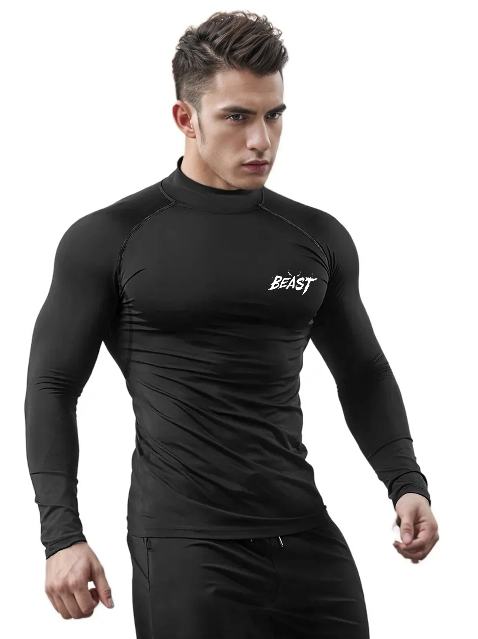 1Set Men’s Black Warm Compression Fleece Tracksuit Mock Neck BEAST Letter Print Slim Fit Stretch Thermal Sportswear Gym Running