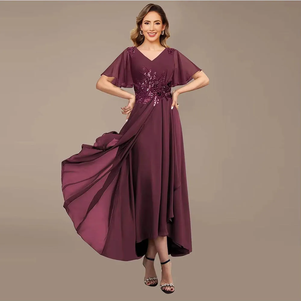 

Customized Short Sleeve Lace Applique V Neck Mother of The Bride Dress Long Chiffon Evening Dress Ball Gowns for Women Formal