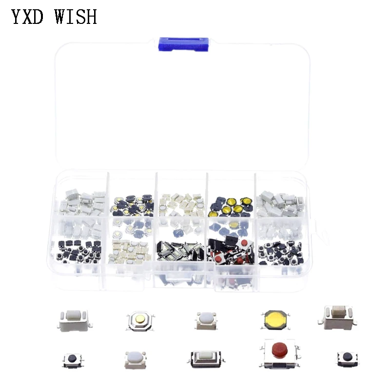 250Pcs Micro Switch Push Button Tact Switches Reset Mini Leaf Switch 2*4 3*6 4*4 6*6 SMD Tactile Tact Push Button Switch Diy Kit