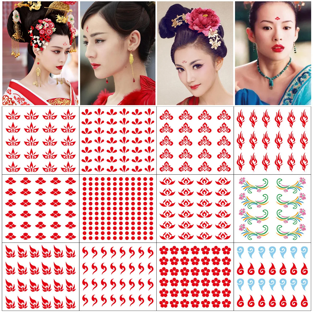 

10pcs Forehead Printed Ancient Chinese Dress With Forehead Sticker Hanfu Beauty Tattoo Sticker Children's Tin Tattoo Sticker