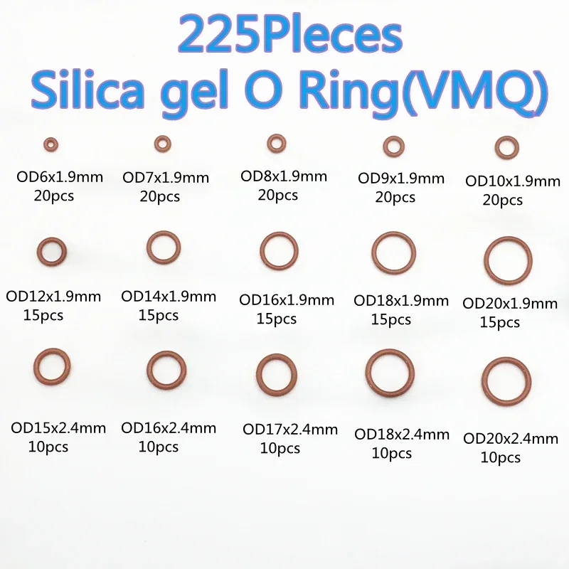 Rote Silikon VMQ O-Ringe 225 Stück O-Ringe Dichtung Dichtung Silikon Unterlegscheibe Gummi O-Ring Set Sortiment Kit Set Box Ring