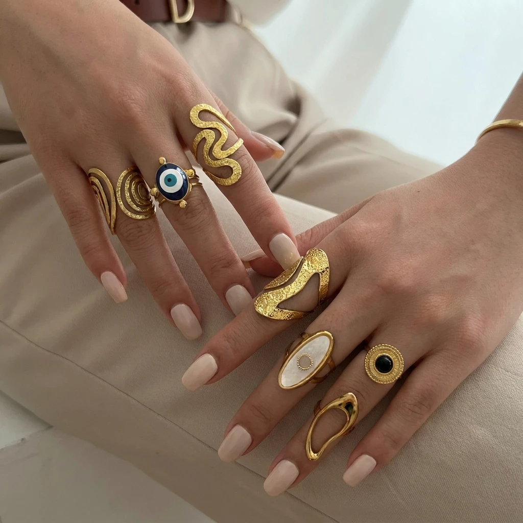 Edelstahlring mit übertriebener geometrischer Form für Damen, Metallstruktur, Sonnenblumen-Fingerring, wasserdicht, antioxidativ, Schmuckgeschenk – Detail 2