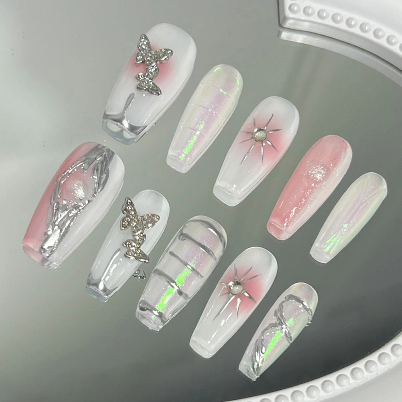 White Press on Nails with Butterfly Decor Ultra-flexible Long Lasting Fake Nails for Women and Girl Nail Salon