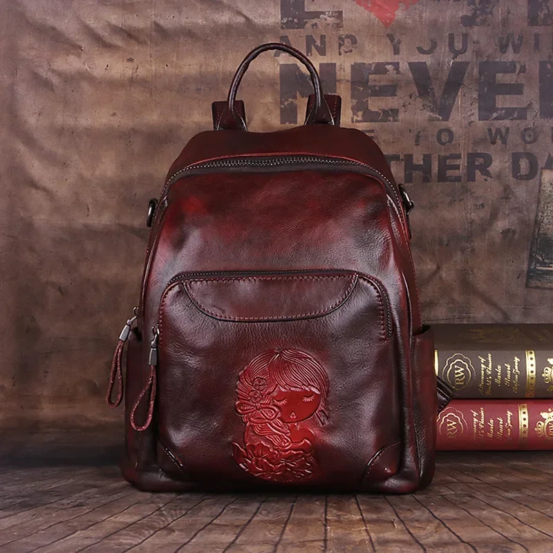 Retro Genuine Leather Backpack Women Bag 2024 New Female Vintage Handmade Embossed Nature Soft Cowhide Leisure Travel Bags Pack