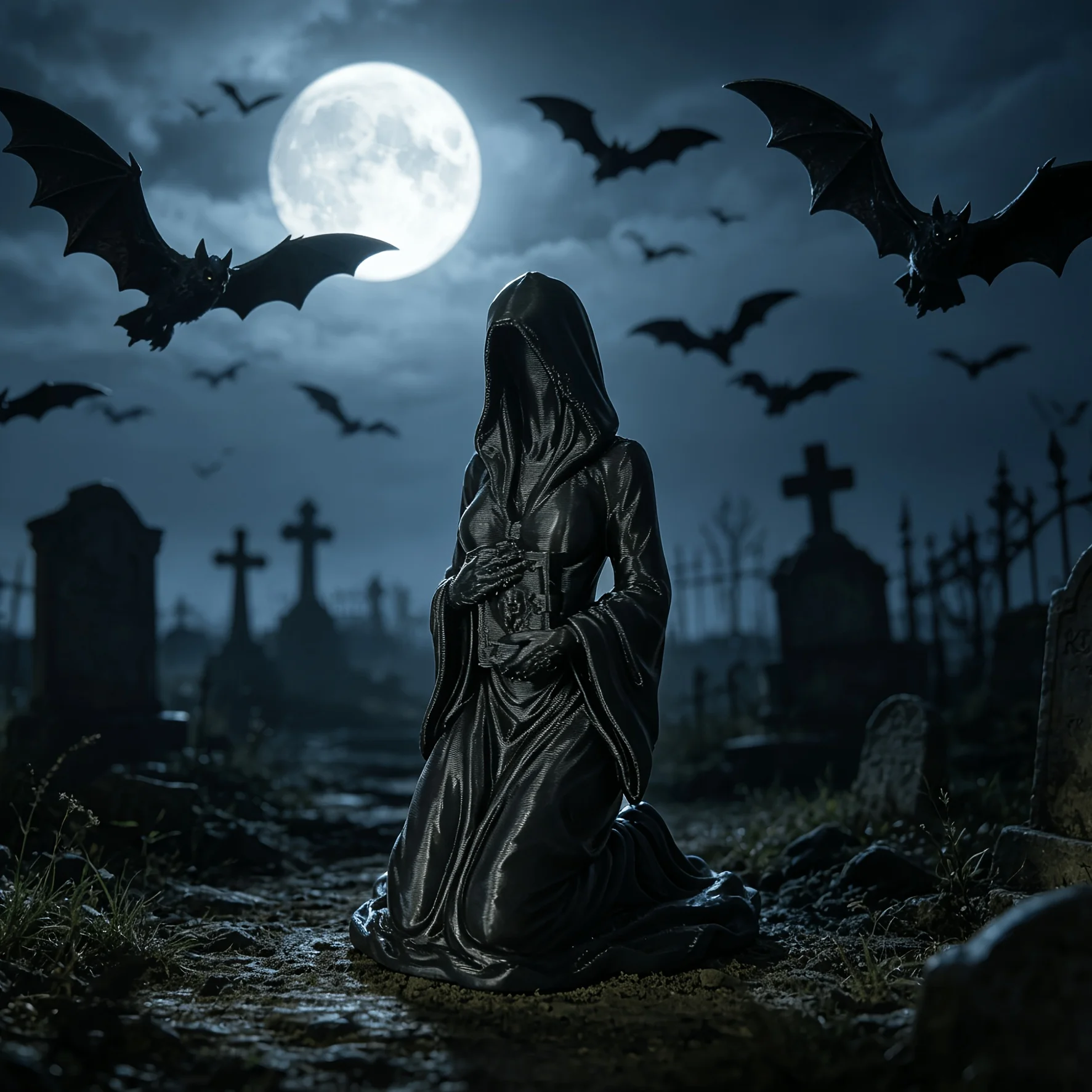 Gothic Hooded Female Grim Reaper Kneeling Figurine 3D Print Home Desktop Ornament Halloween Altar Decor Occult Collectible Gifts