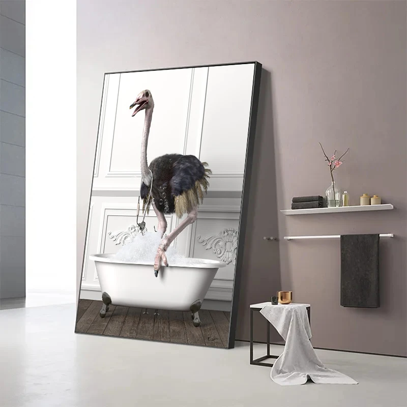 Funny Animals Penguin Dolphin Sloth Giraffe Playing In Bathtub Poster Print Canvas Painting Nordic Wall Art Bathroom Home Decor