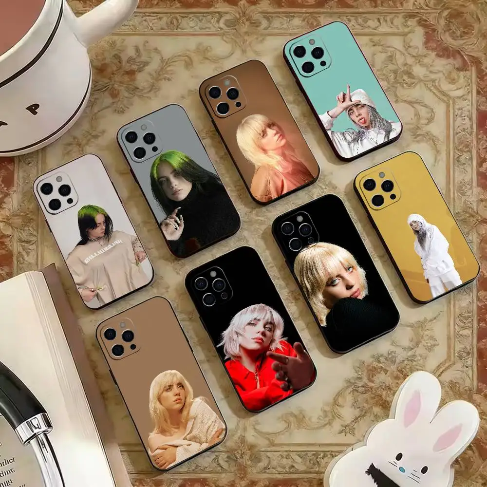 Coque de téléphone en silicone souple noir pour iPhone 16, 17, 14, 13, 12, 11 Plus, Pro Max, XS, avec l'image de la chanteuse pop réputée Billie Eilish