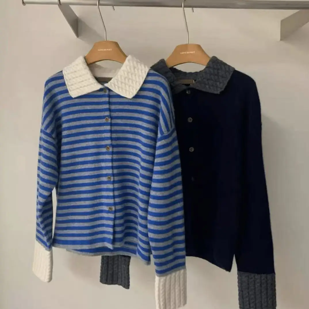 

Gagaok Casual Striped Knitted Cardigan 2025 Early Autumn Turn-down Collar Sweater Jacket Outwear Slimming Long Sleeve Top
