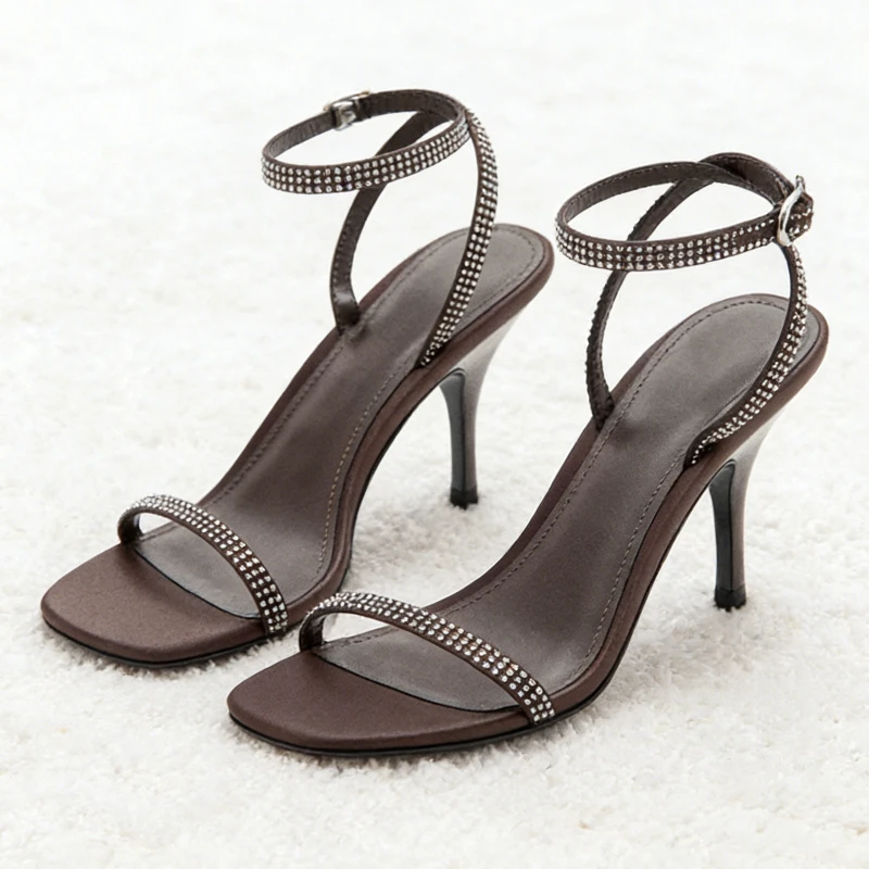 

Shiny Rhinestone Decorated Heel Sandals Women Sexy Open-toe Adjustable Ankle Strap Buckle Designer Shoes Luxury Party Dress Shoe