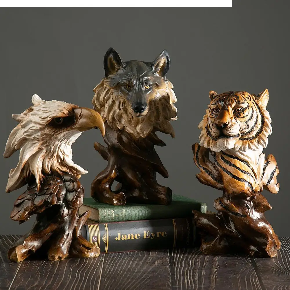 Modern Animal Wolf Sculpture Living Room Decoration Resin Crafts Root Carving Horse Lion Tiger Office Desktop Display