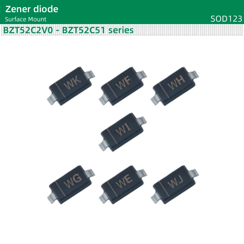 50 pz/lotto diodi Zener SMD SOD-123 BZT52C2V0/2 v4/2 v7/3 v0/3 v3/3 v6/3 v9/4 v3/4 v7/5 v1/5 v6/6 v2/6 v8/7 v5/8 v2/9 v1 corrispondenti 2 to9.1 V