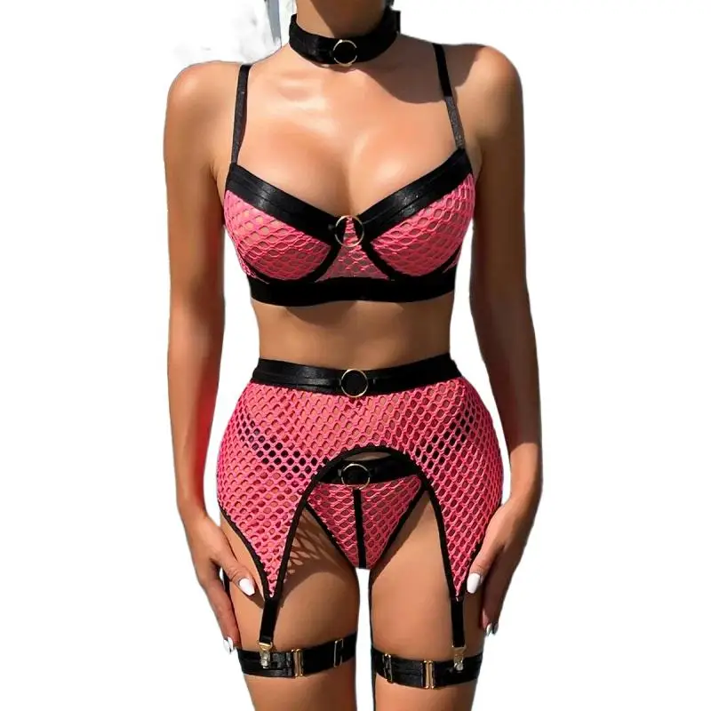 Bikini Fashion Sexy Lingerie Four Pieces Large Mesh Stitching with Steel Ring Halter Classic