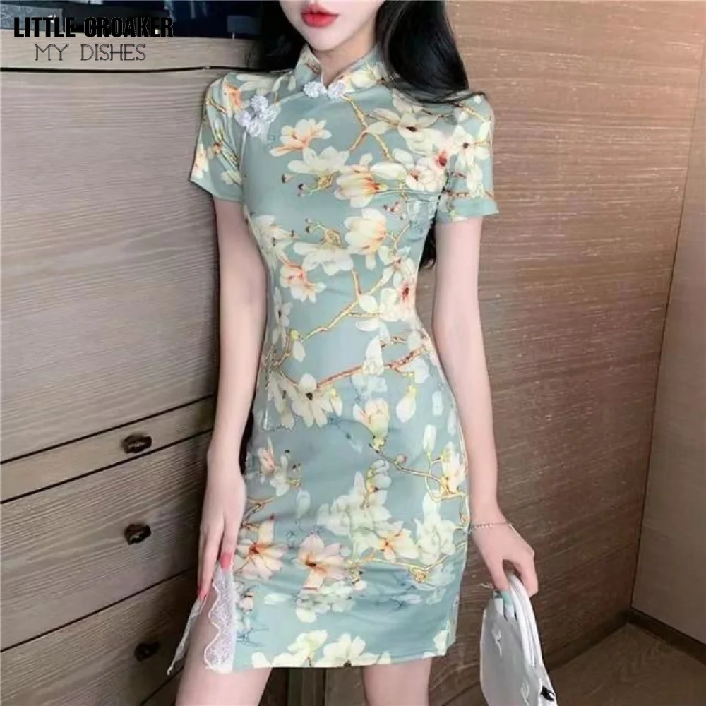 Women Qipao Summer New Girl Fresh and Improved Split Lace Short Sleeve Printed Short Cheongsam Split Wrap Hip Dress Trend