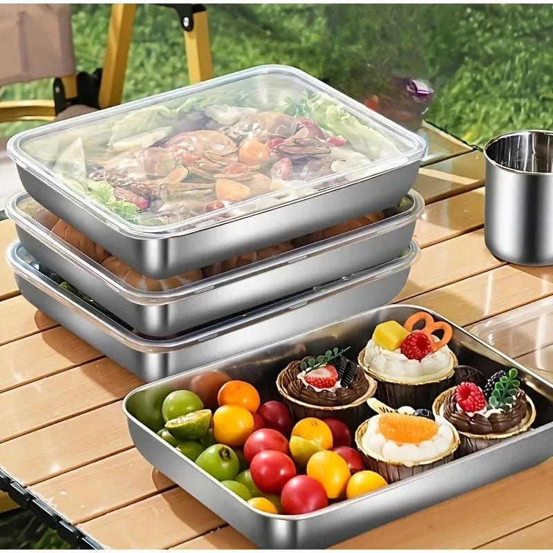 Quadratische Lebensmittel-Aufbewahrungsbox aus Edelstahl, Kühlschrank-Frischhaltebox mit transparentem, auslaufsicherem Deckel für Camping, Outdoor und Heimgebrauch.