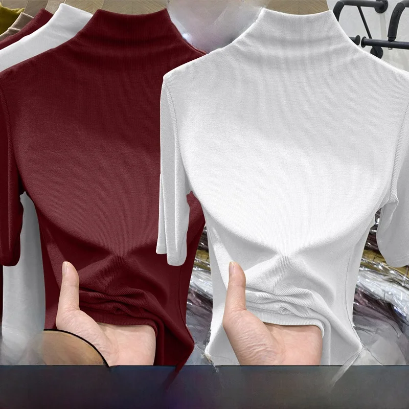 Slim Fit Half High Collar Short Sleeve Women's T-Shirt Inner Wear Base Shirt Top Trendy Commute Spring Summer Fashion plus Size