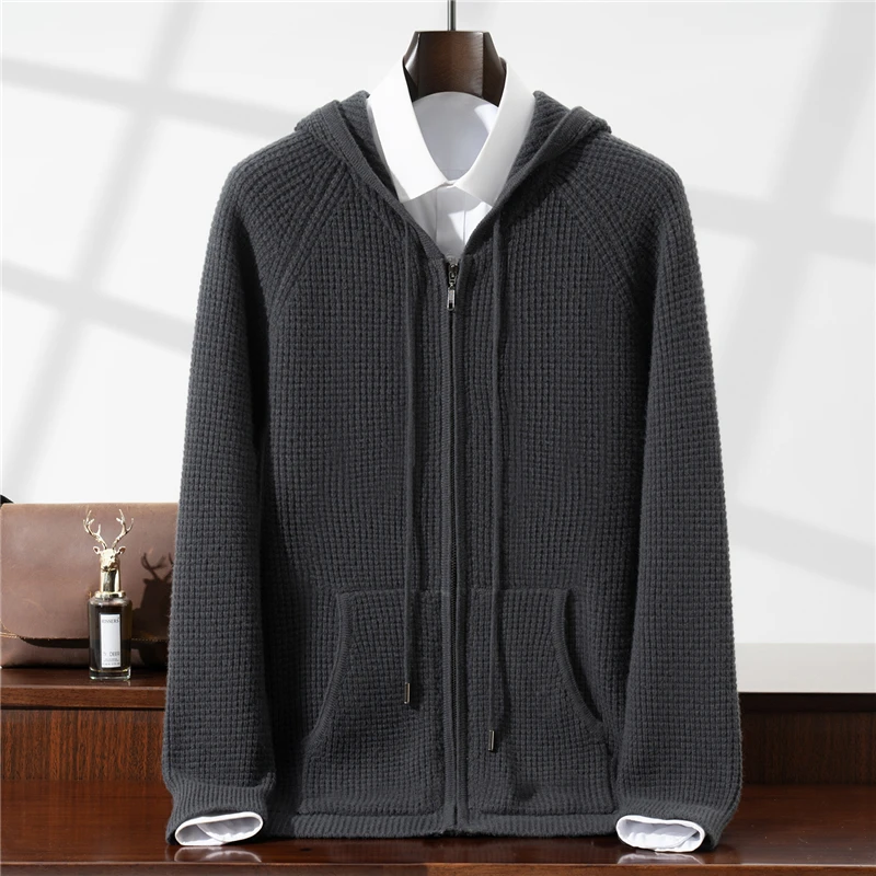 Autumn Winter New 100% Pure Wool Sweater Zipper Men's Cardigan Loose Casual Hooded Pocket Knitted Sweater Coat