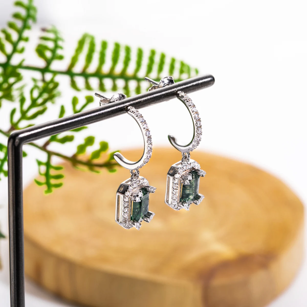 AliMoss 5*7mm Geometry Cut Moss Agate Drop Earrings 925 Sterling Silver CZ Dangle Earring for Women Anniversary Birthday Gifts