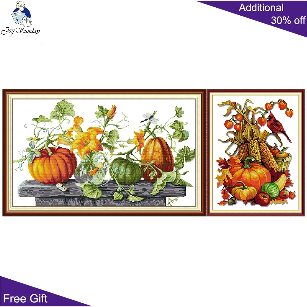 Joy Sunday Pumpkin Printed Canvas, Abundant Harvest of All Grains, Vegetable Arts and Crafts, Cross Stitch, J651, J810