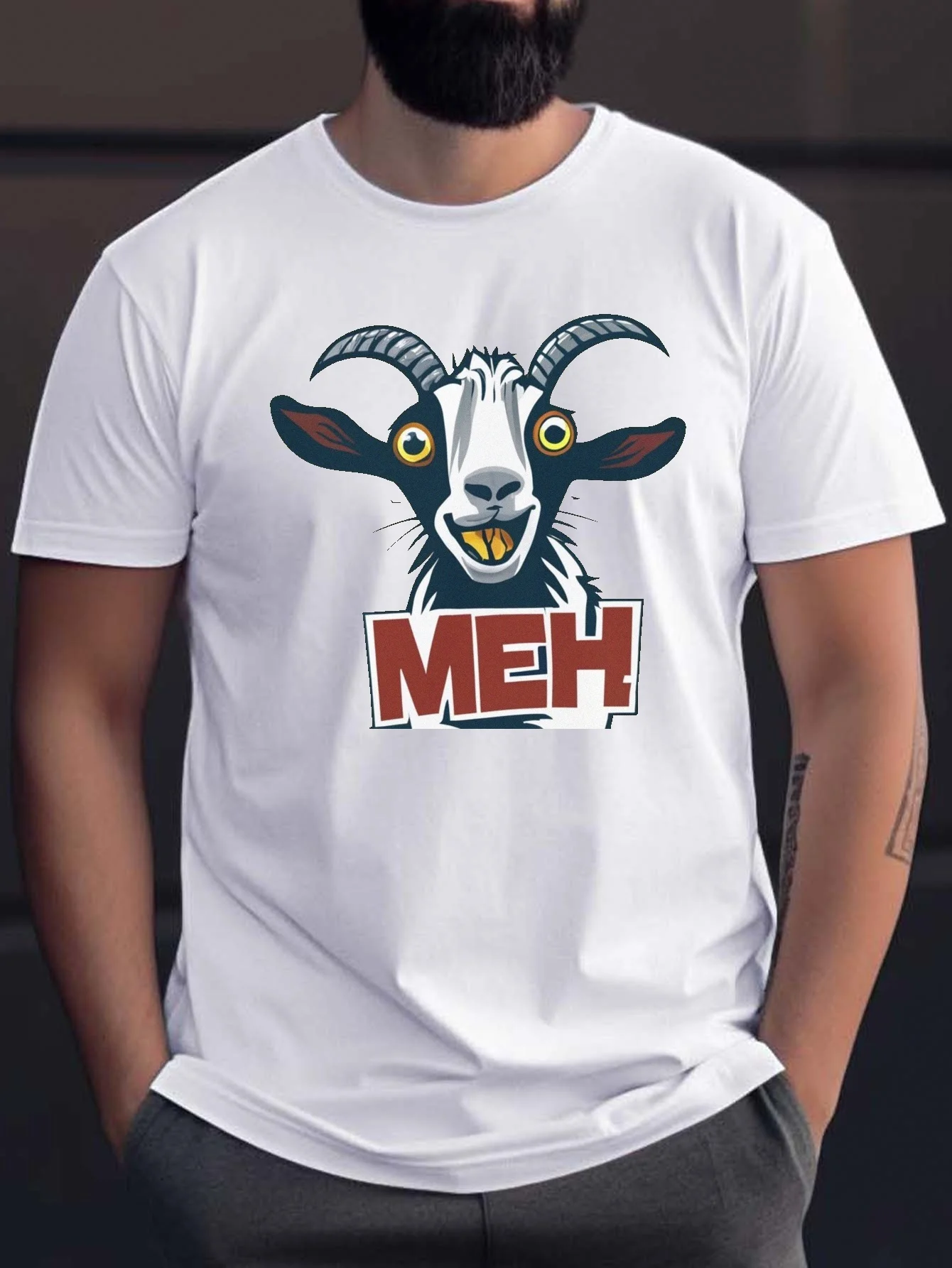 

Мужская футболка с рисунком козла Meh", повседневная футболка из полиэстера с круглым вырезом, которую можно стирать в машине, идеально подходит для всех сезонов