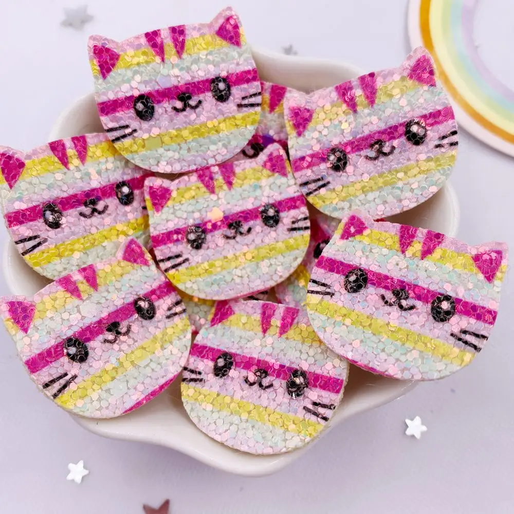 10 stücke Filz Stoff Bunte Glitter Bepowder Cartoon Rosa Große Gesicht Katze Patch Applikationen Nähen DIY Haar Bogen Handwerk Supplie XE750