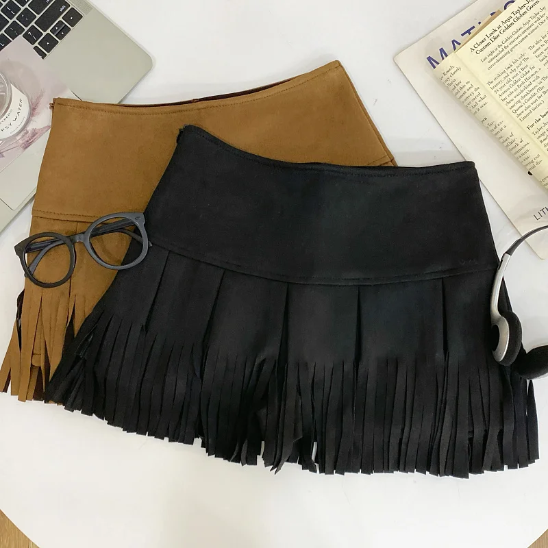 Demi-jupe à franges pour femmes, Design polyvalent, Imitation daim, velours, taille haute, Slim, Design Sense, jupe courte, automne hiver