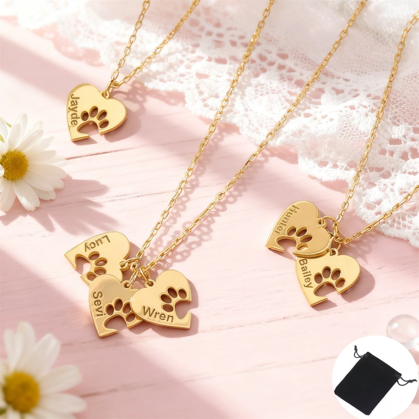 Customized Name Tag Hollowed Out Cat and Dog Paw Print Love Necklace Stainless Steel Heart-Shaped Jewelry Fashion Gift