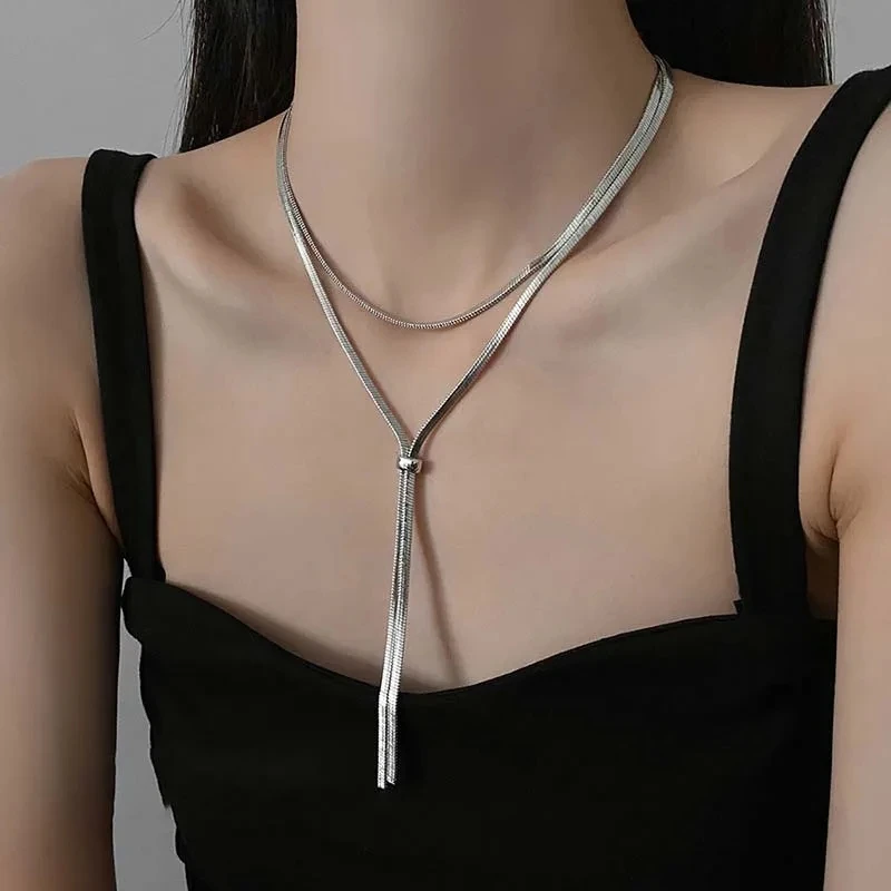 Stainless Steel Long Snake Bone Chain Necklace for Women Hip Hop Silver Color Pull Sweater Chain Necklace Jewelry Gifts