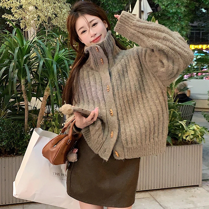 

Водолазка, толстый вязаный свитер, пальто, кардиган на пуговицах, женский осенне-зимний теплый трикотаж, топ в корейском стиле, свободная винтажная шикарная одежда