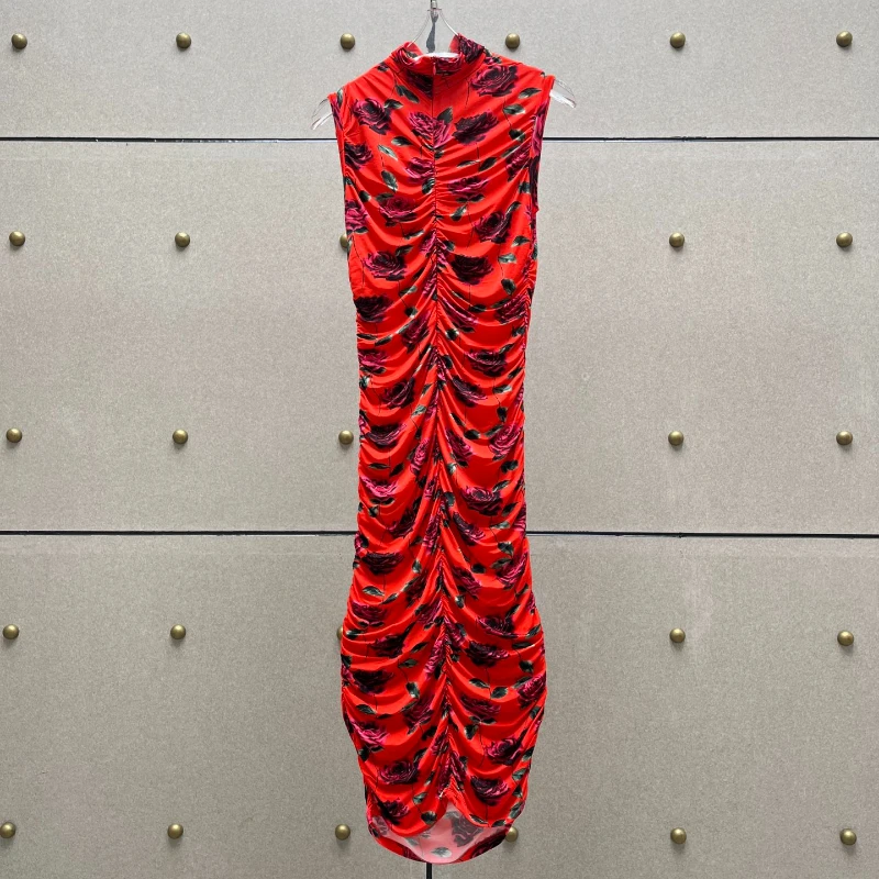 2024 Spring Summer Red Handmade Rose Print Three Dimensional Decoration Sleeveless Pile Collar Midi Dress New High Quality