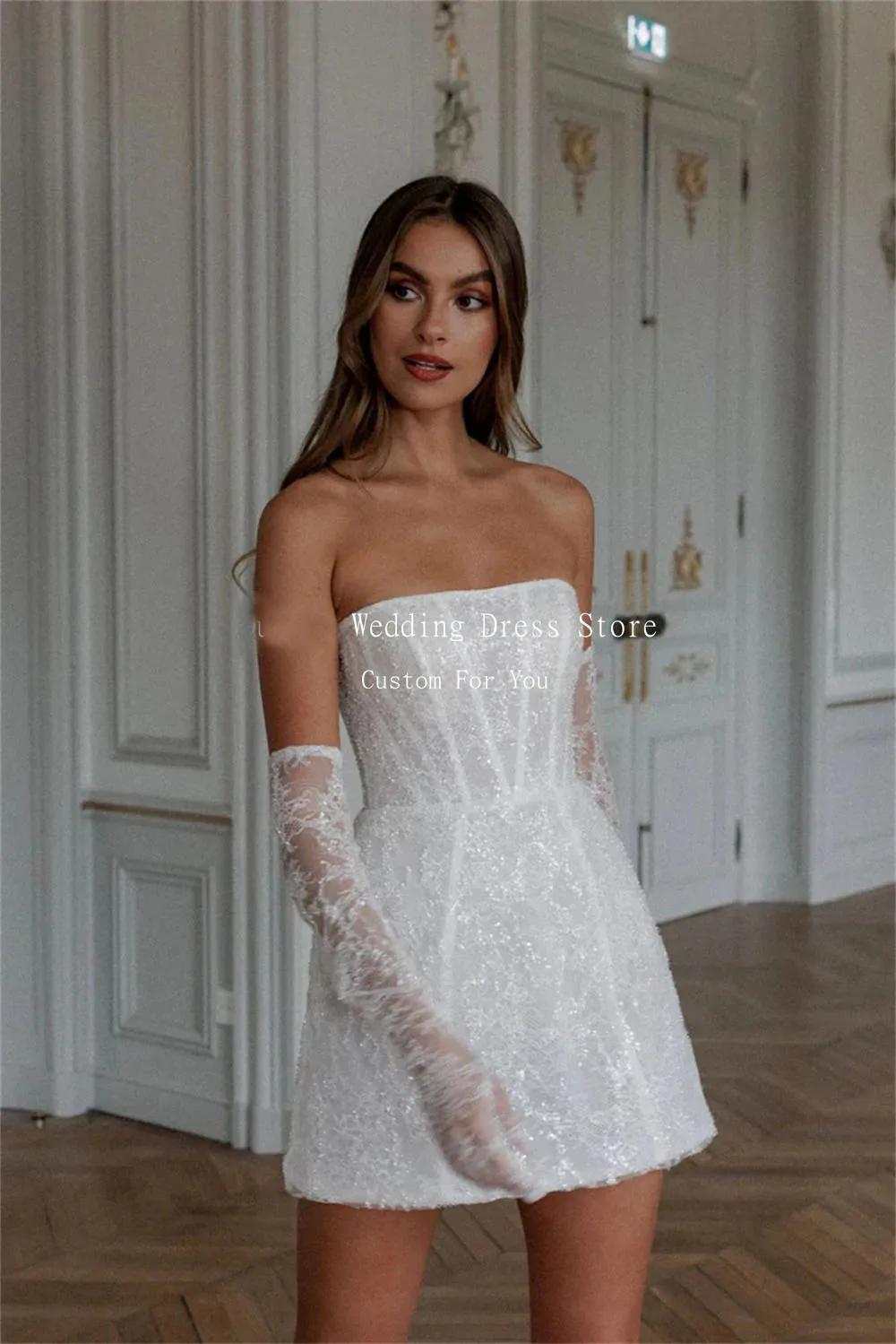 Mojy Abiti da sposa in pizzo scintillante per le donne 2025 Sposa Sirena corta di lusso con guanti Corsetto sul retro Abiti da festa lucidi personalizzati